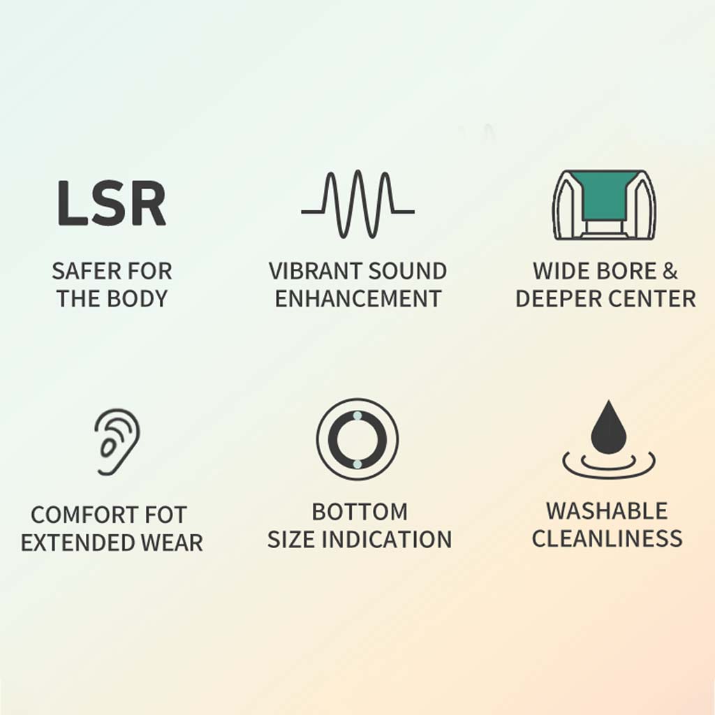 Key features of Divinus Prism Wide Bore LSR eartips include vibrant sound, wide bore, washable material, and ergonomic comfort.