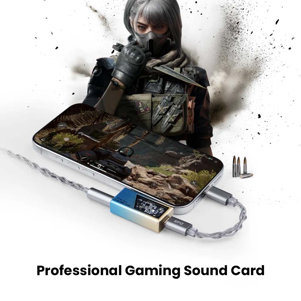 EPZ TP35 PRO connected to a smartphone for immersive gaming audio, showcasing its use as a professional gaming sound card.