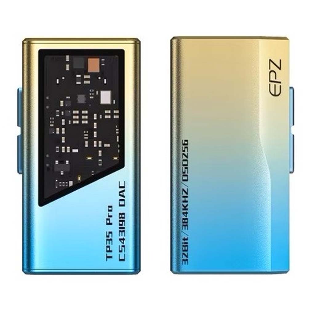 EPZ - TP35 PRO Dual CS43198 Portable DAC & Headphone Amplifier with gradient anodized aluminum body and transparent circuit window design.