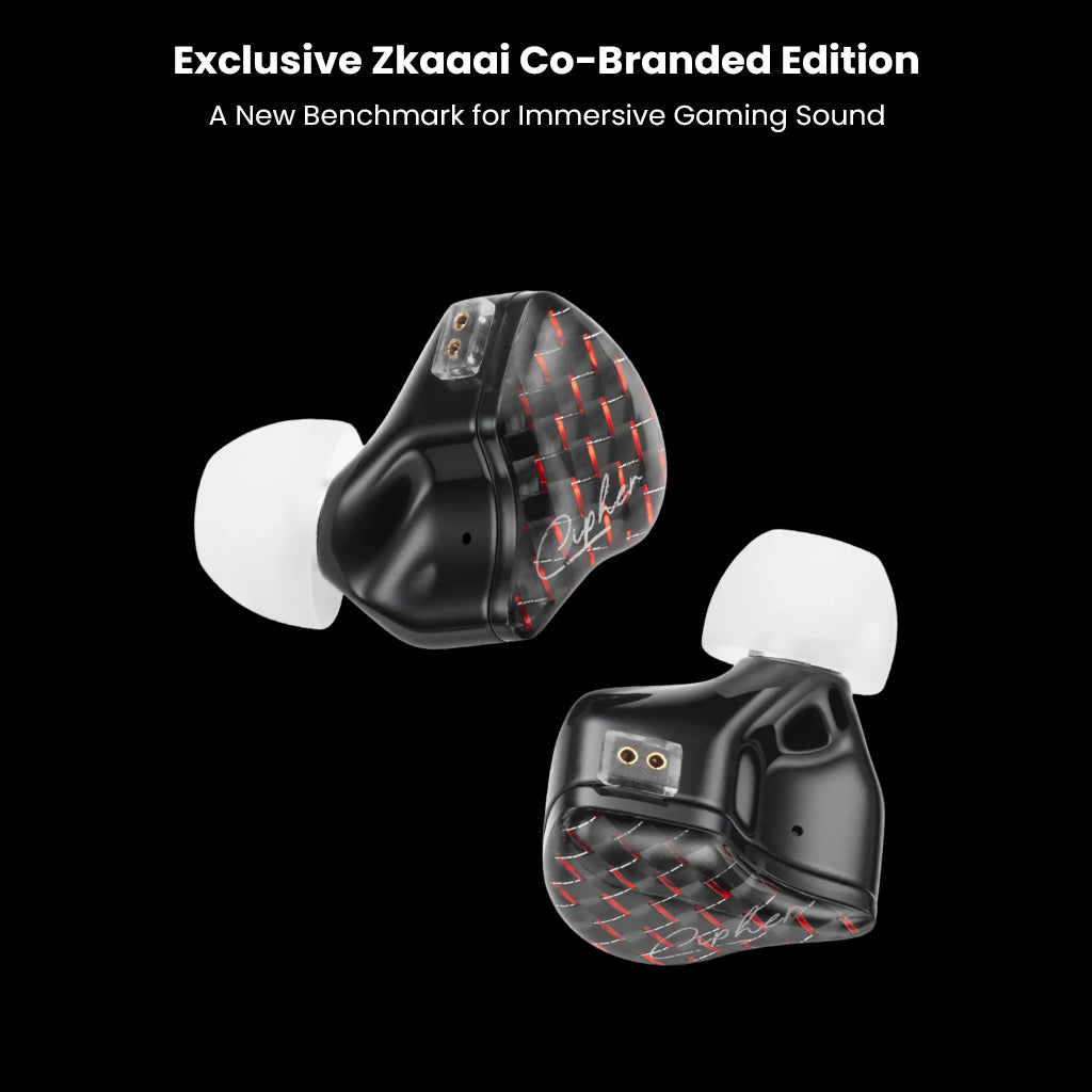 Exclusive Zkaaai co-branded edition of EarAcoustic Audio In-Ear Monitor with red-accented carbon fiber design for immersive gaming sound.