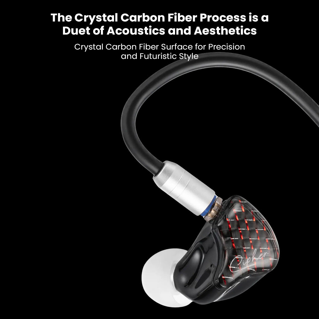 Crystal carbon fiber surface of EarAcoustic Audio x Zkaaai In-Ear Monitor combining futuristic aesthetics with acoustic performance.