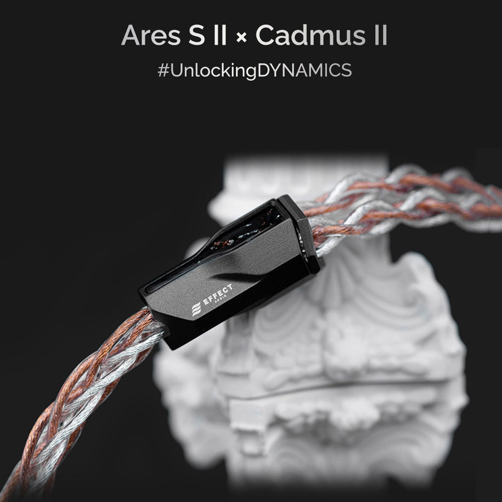 Close-up of Effect Audio- Ares S II × Cadmus II Upgrade Cable showcasing premium build and dynamic sound design with #UnlockingDYNAMICS.