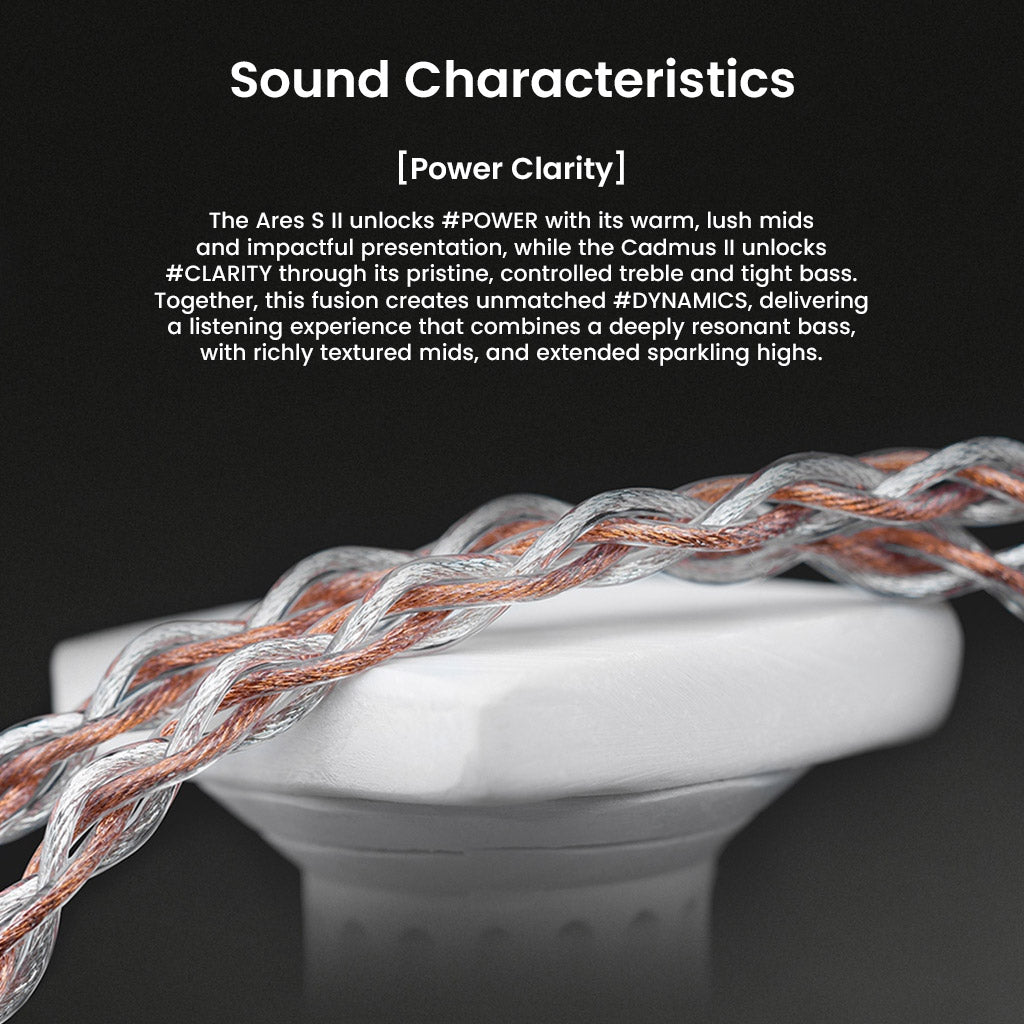 Effect Audio- Ares S II × Cadmus II Upgrade Cable highlights sound characteristics with power clarity, rich mids, and sparkling highs.