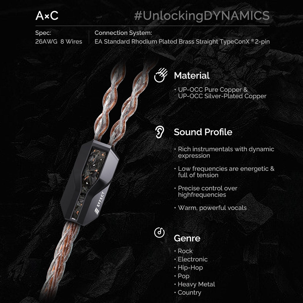 Effect Audio- Ares S II × Cadmus II Upgrade Cable material and genre compatibility, ideal for dynamic music with warm, powerful vocals.