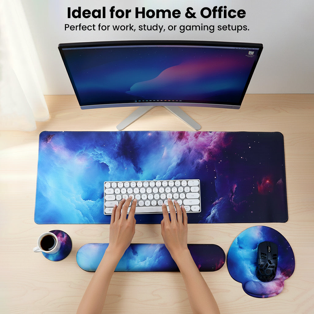 TECPHILE galaxy-themed mouse pad and wrist support set used in a modern workspace, perfect for home office or gaming setups.