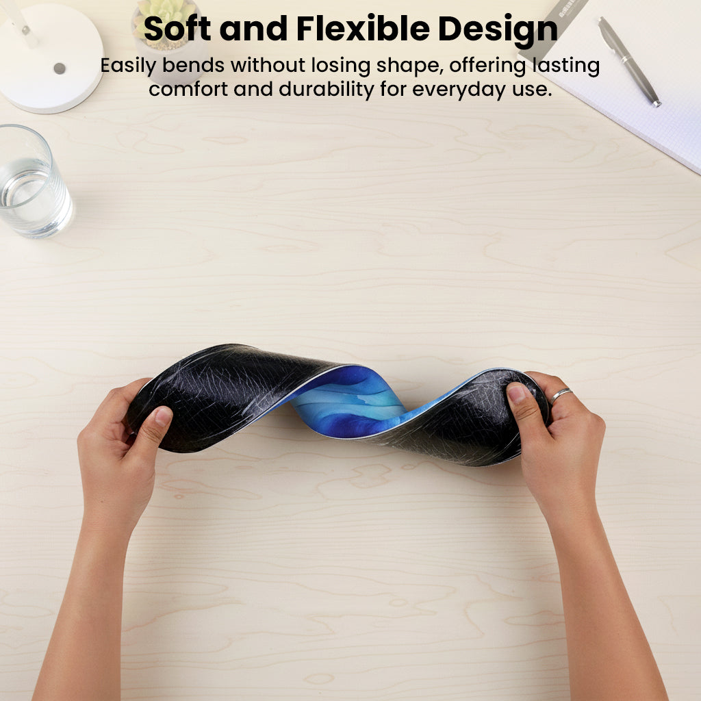 Flexible and soft TECPHILE wrist support in galaxy design, demonstrating bendability and durability for daily use.