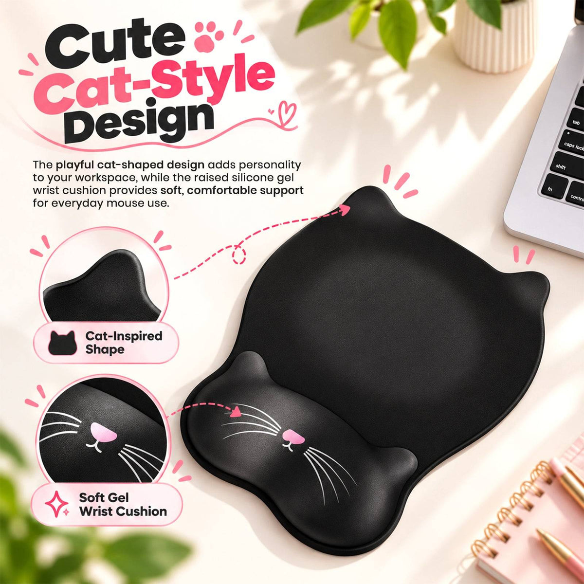 TECPHILE – Ergonomic Cat Style Mouse Pad with Wrist Rest