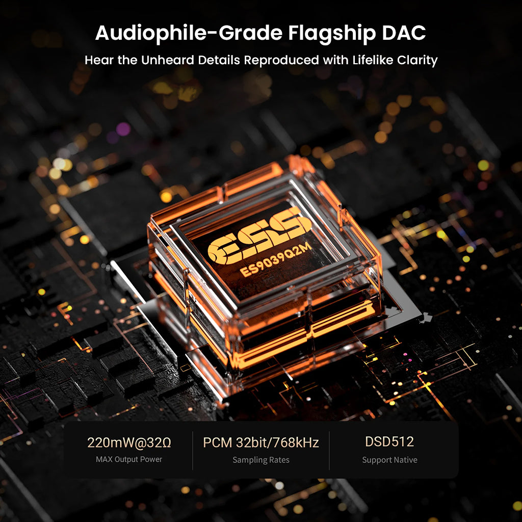 FOSI AUDIO – DS3 Portable DAC/Amp equipped with ESS ES9039Q2M chip, offering 32bit/768kHz PCM and DSD512 support for audiophile-grade clarity.