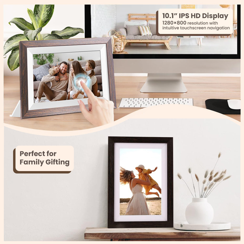FRAMEO 10.1” HD Touch Screen Digital Photo Frame shown on desk and shelf, highlighting IPS display and perfect gift idea for families.