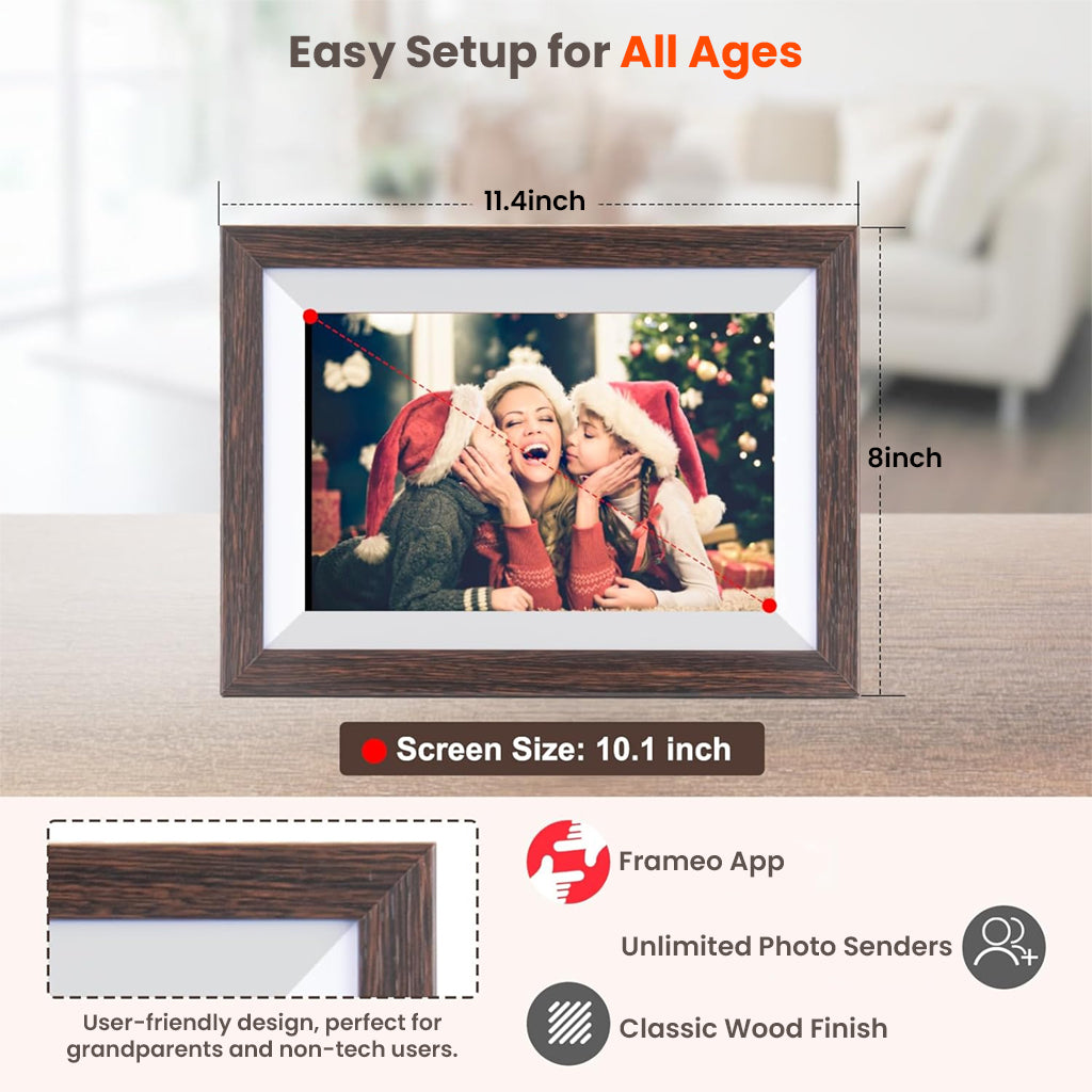 FRAMEO Smart Photo Frame with 10.1” screen and classic wood finish, easy setup for all ages with Frameo app and unlimited photo sharing.
