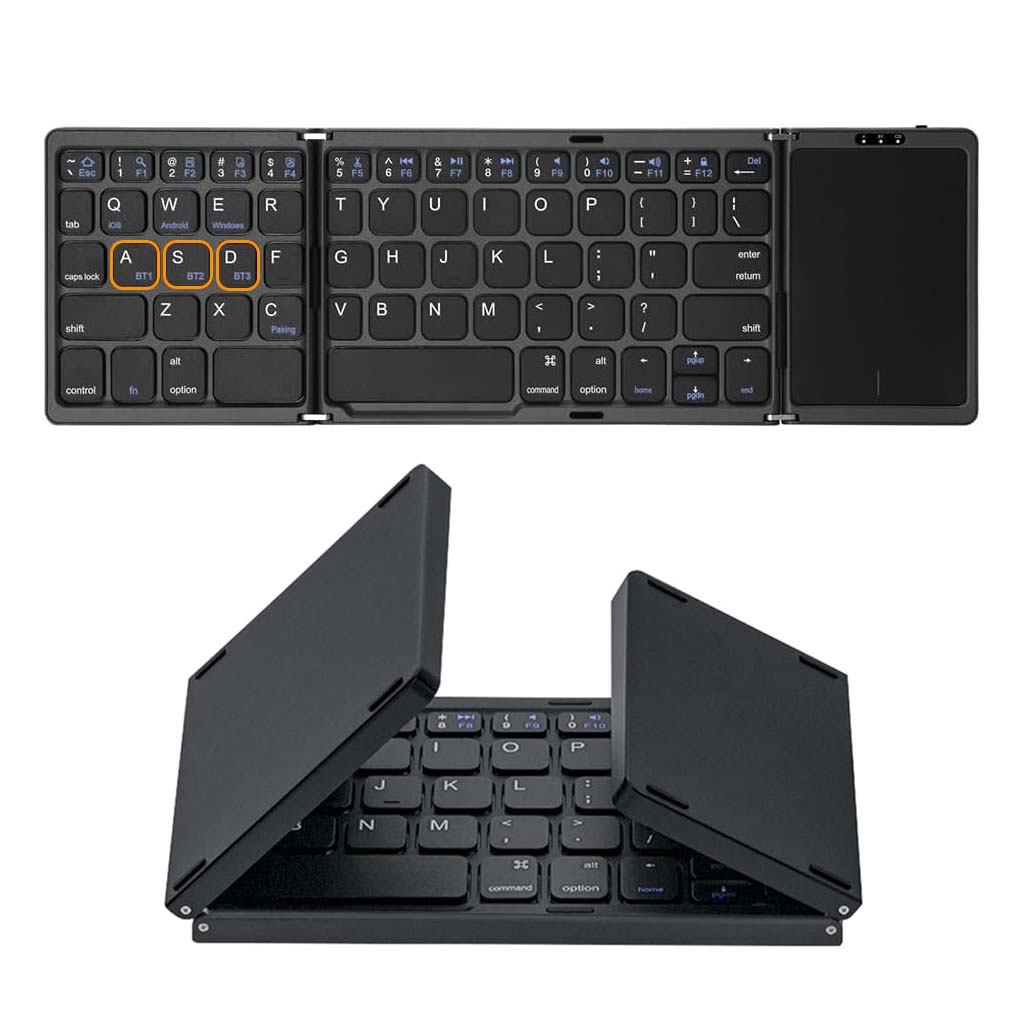 B089T tri fold foldable Bluetooth keyboard with touchpad, shown open and folded, compact wireless design for portable use.