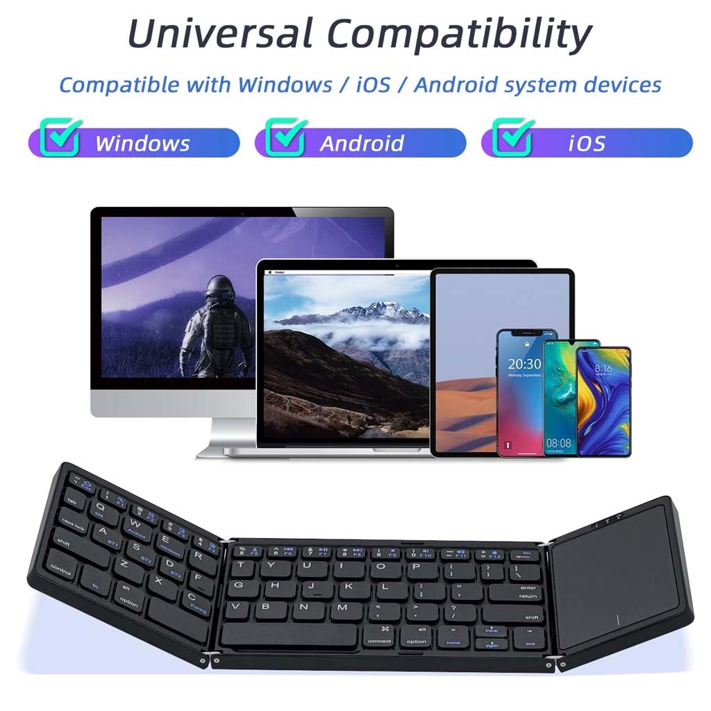 B089T Bluetooth keyboard with touchpad supports Windows, Android, and iOS devices, ideal for universal compatibility.