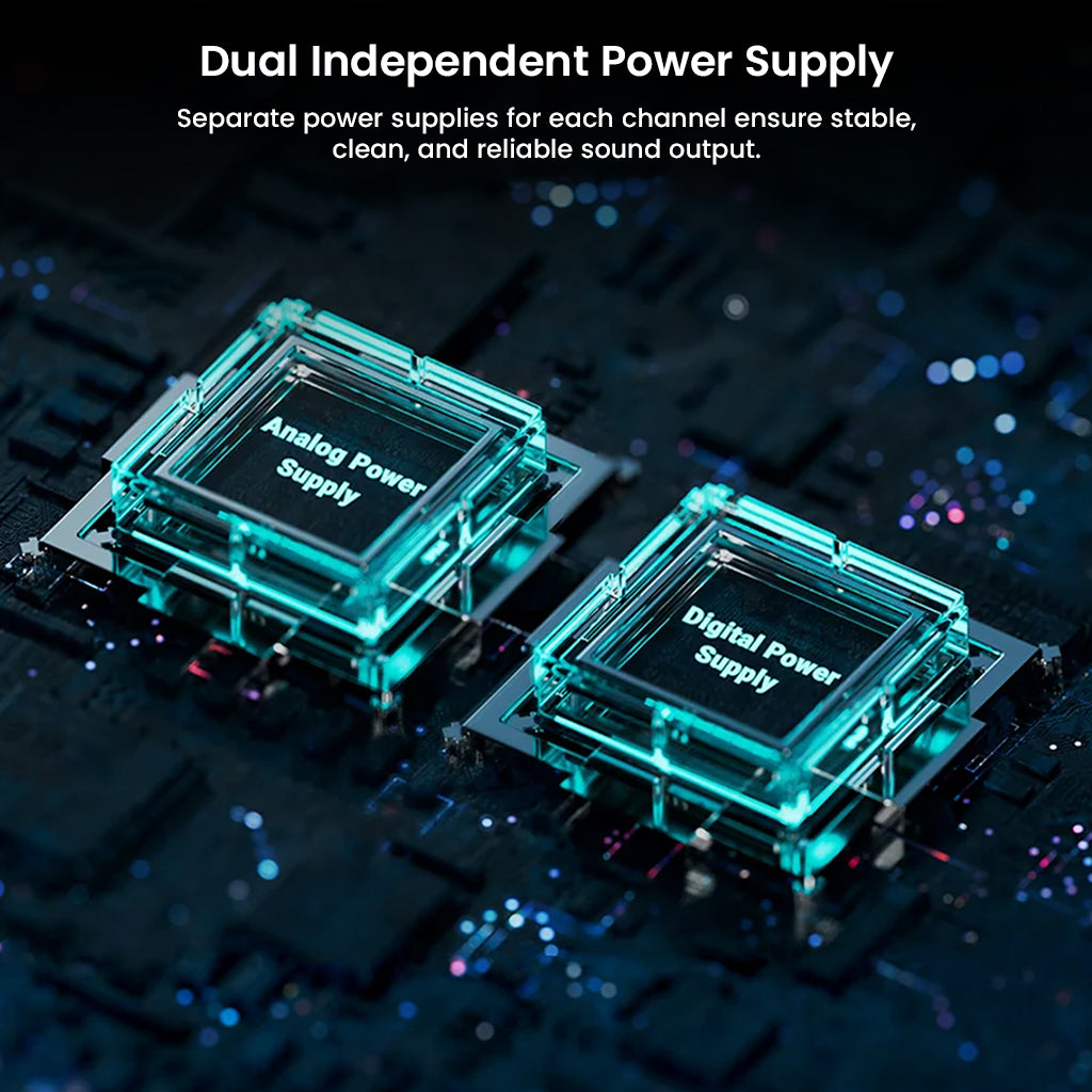 Fosi Audio BT20A MAX features dual independent power supply for analog and digital channels, ensuring clean and stable audio output.
