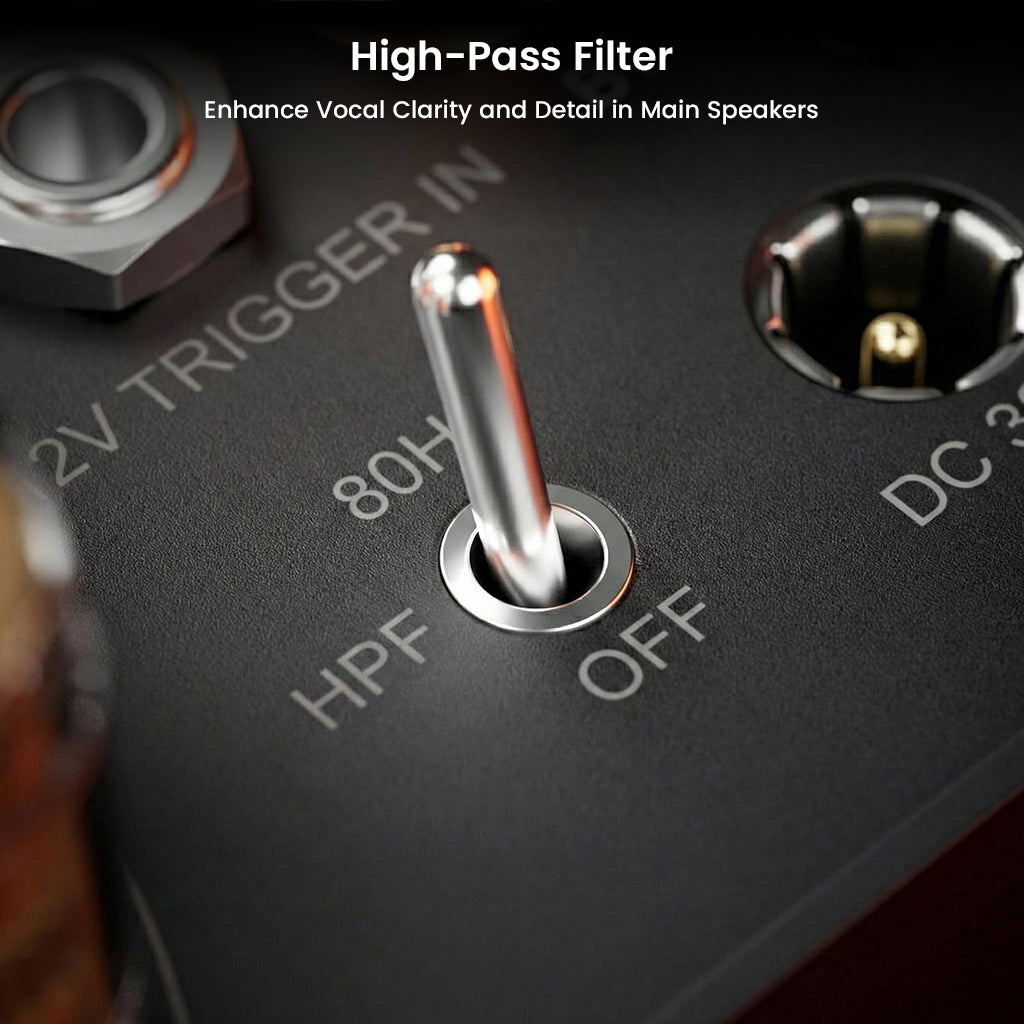 Close-up of Fosi Audio - BT20A MAX Bluetooth Stereo Power Amp showing high-pass filter switch with 80Hz and OFF settings for enhanced vocal clarity.