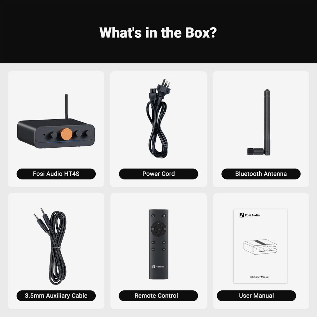 Fosi Audio HT4S Multi-Channel Bluetooth Power Amplifier box content