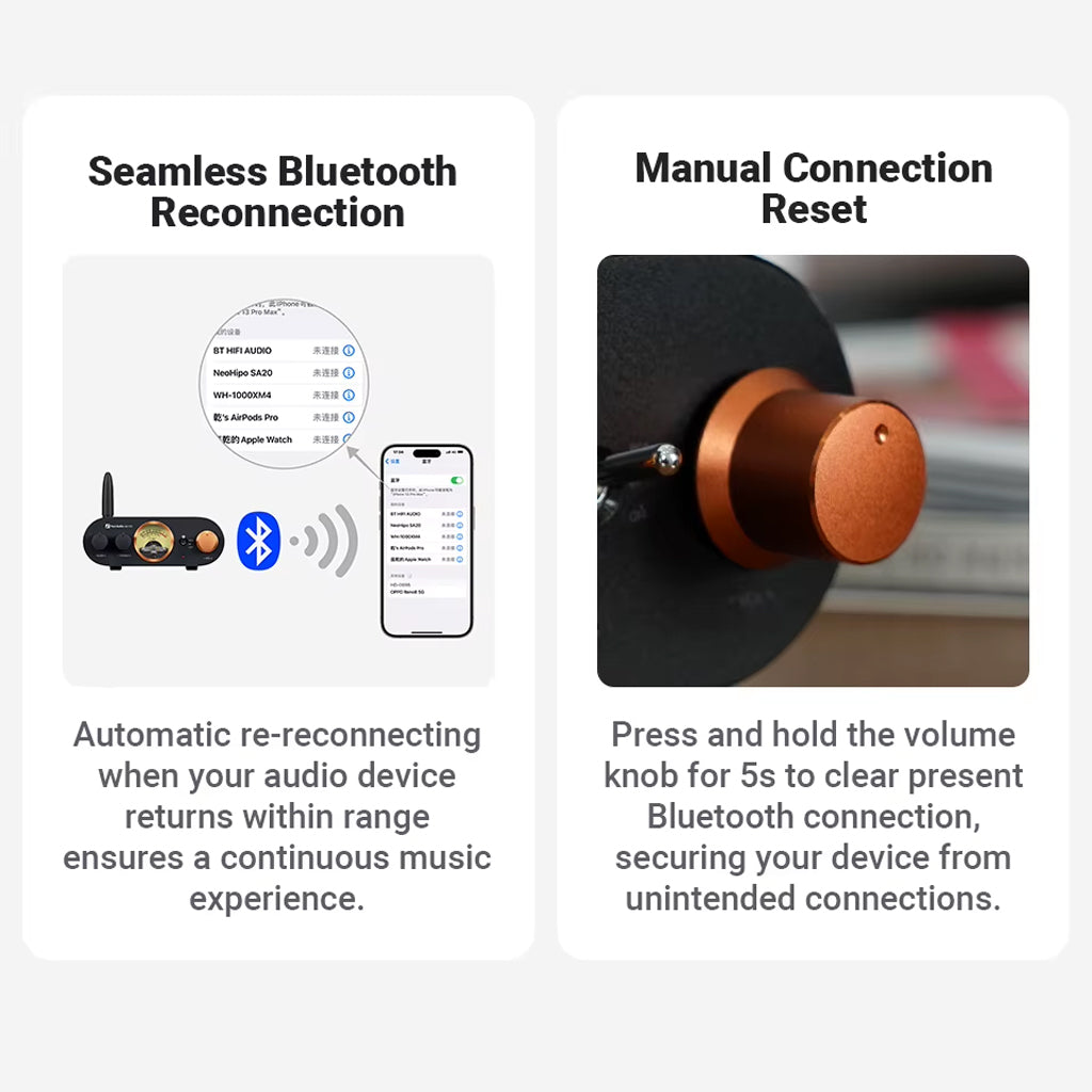 Bluetooth reconnection and manual reset features of Fosi Audio MC101 ensuring seamless and secure wireless audio connections.