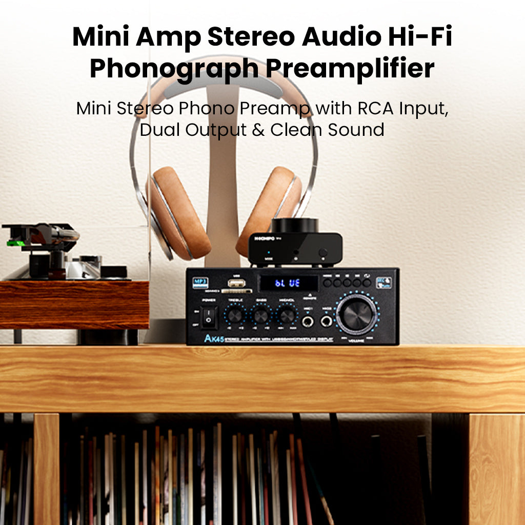 NEOHIPO TP10 Mini Amp Phono Preamp on audio shelf with headphones and stereo system, offering clean dual output.