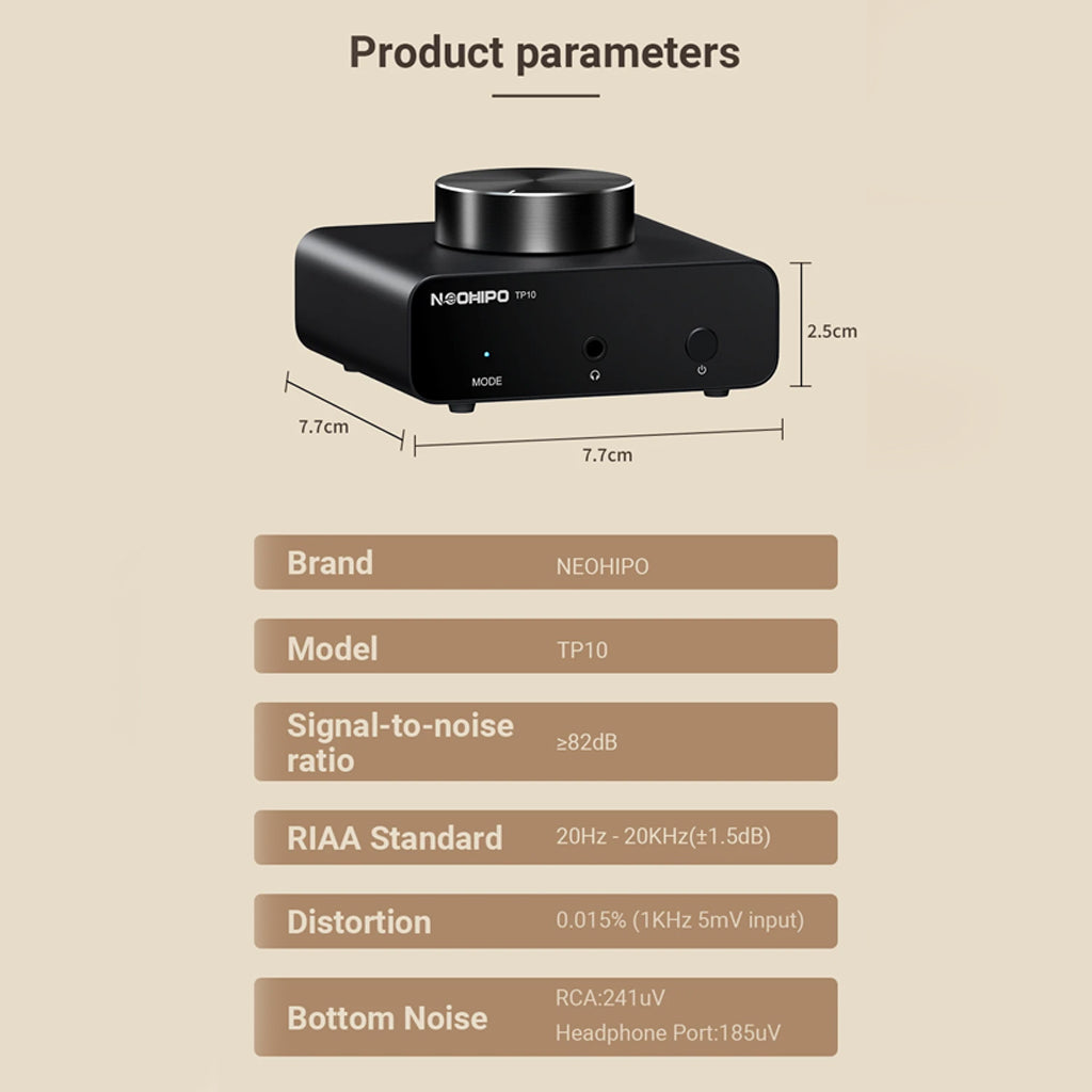 NEOHIPO TP10 Phono Preamp technical specifications including signal-to-noise ratio, RIAA standard, and distortion levels.
