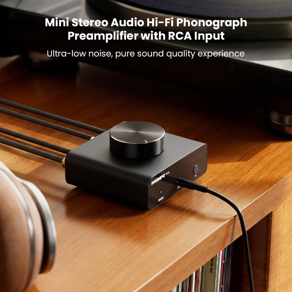 NEOHIPO TP10 Phono Preamp connected to turntable on wooden desk, showcasing RCA input and ultra-low noise audio output.