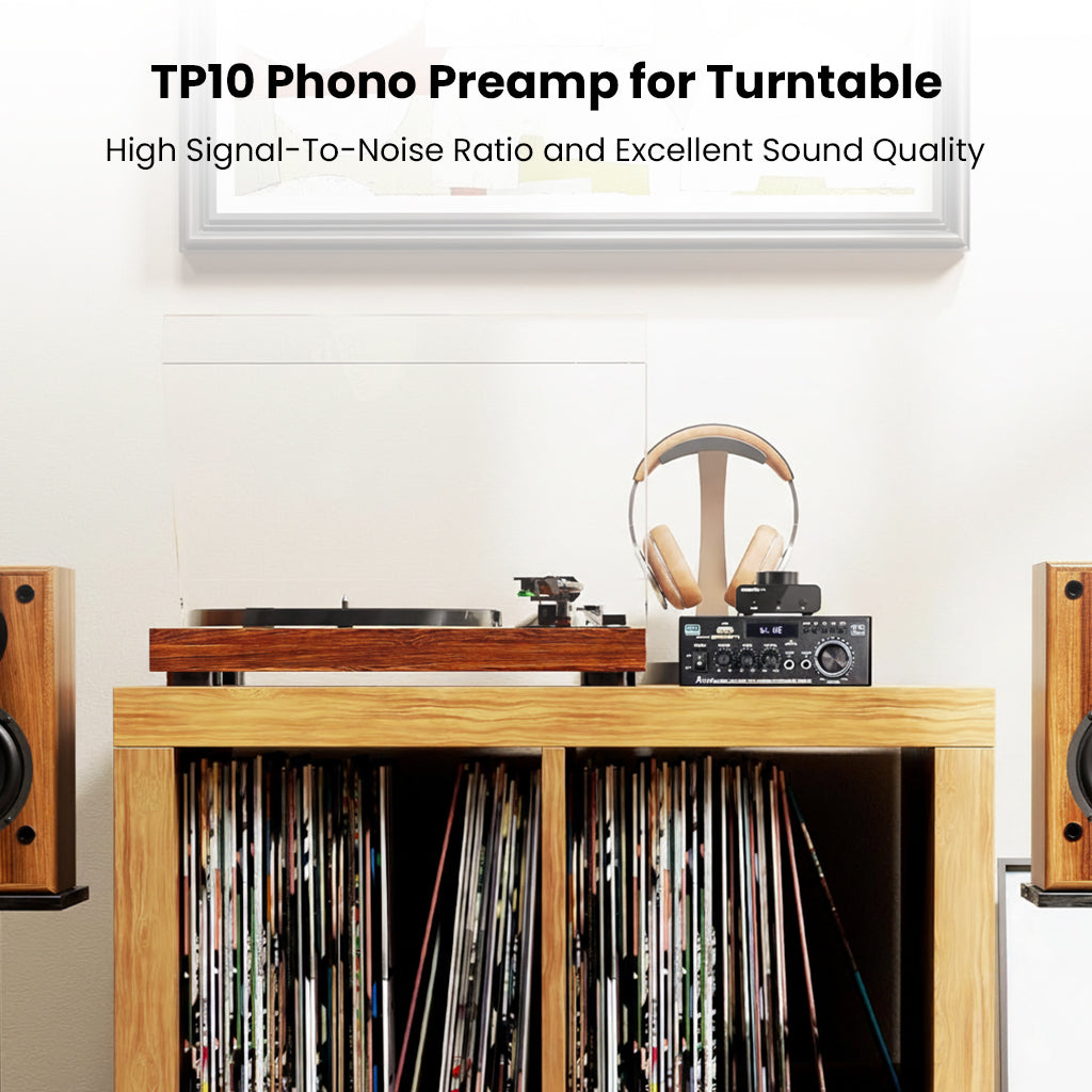 TP10 Phono Preamp for Turntable setup with vinyl collection, emphasizing high signal-to-noise ratio and premium sound quality.
