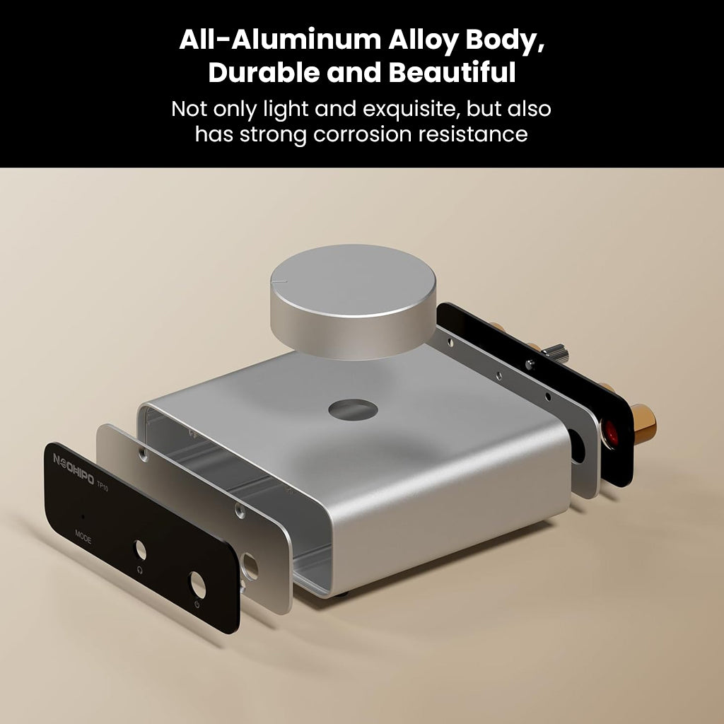 Exploded view of NEOHIPO TP10 Phono Preamp highlighting durable all-aluminum alloy body with corrosion resistance.