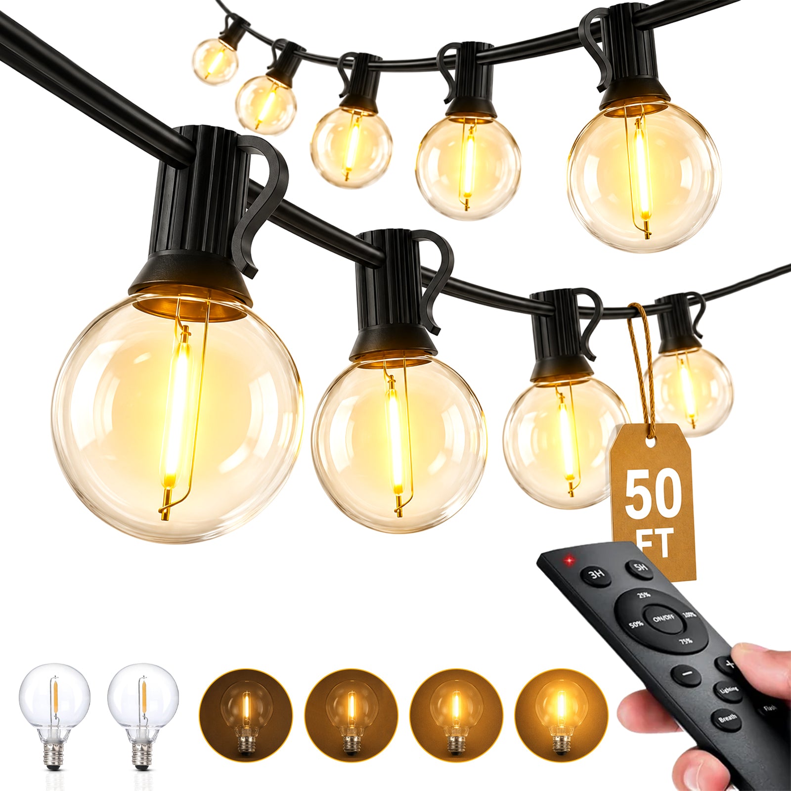 Close-up of vintage-style outdoor string lights with dimmable LED bulbs, black cord, and remote control for adjustable lighting, SKU: TP-G40-50Ft-24v-Dimable-Str_lght-Blk
