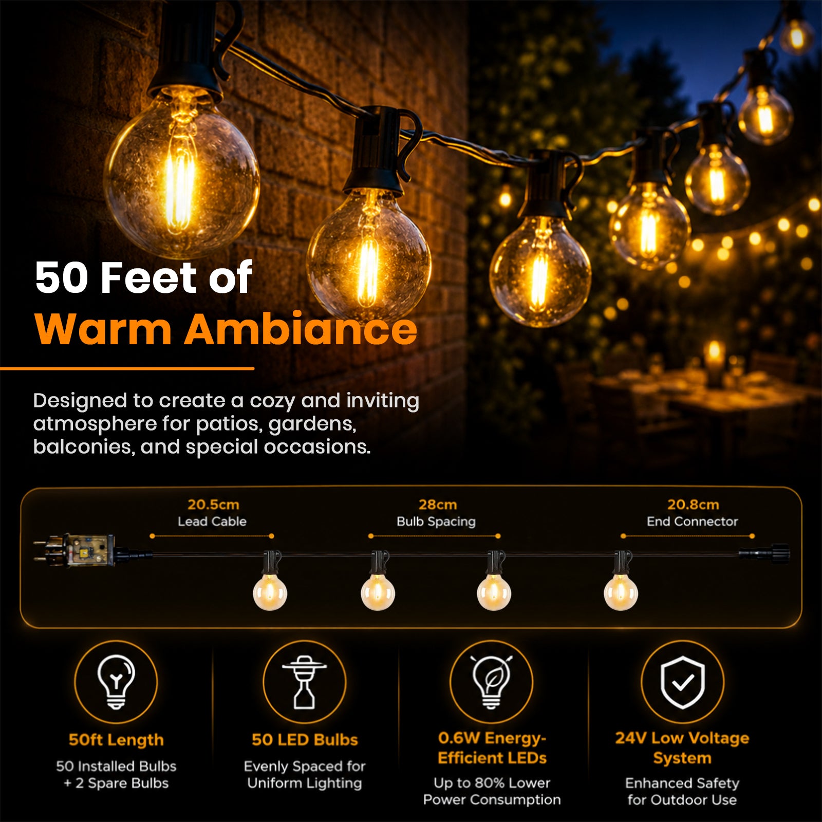 String lights hanging on a brick wall at night, creating a cozy warm ambiance for patio or garden gatherings