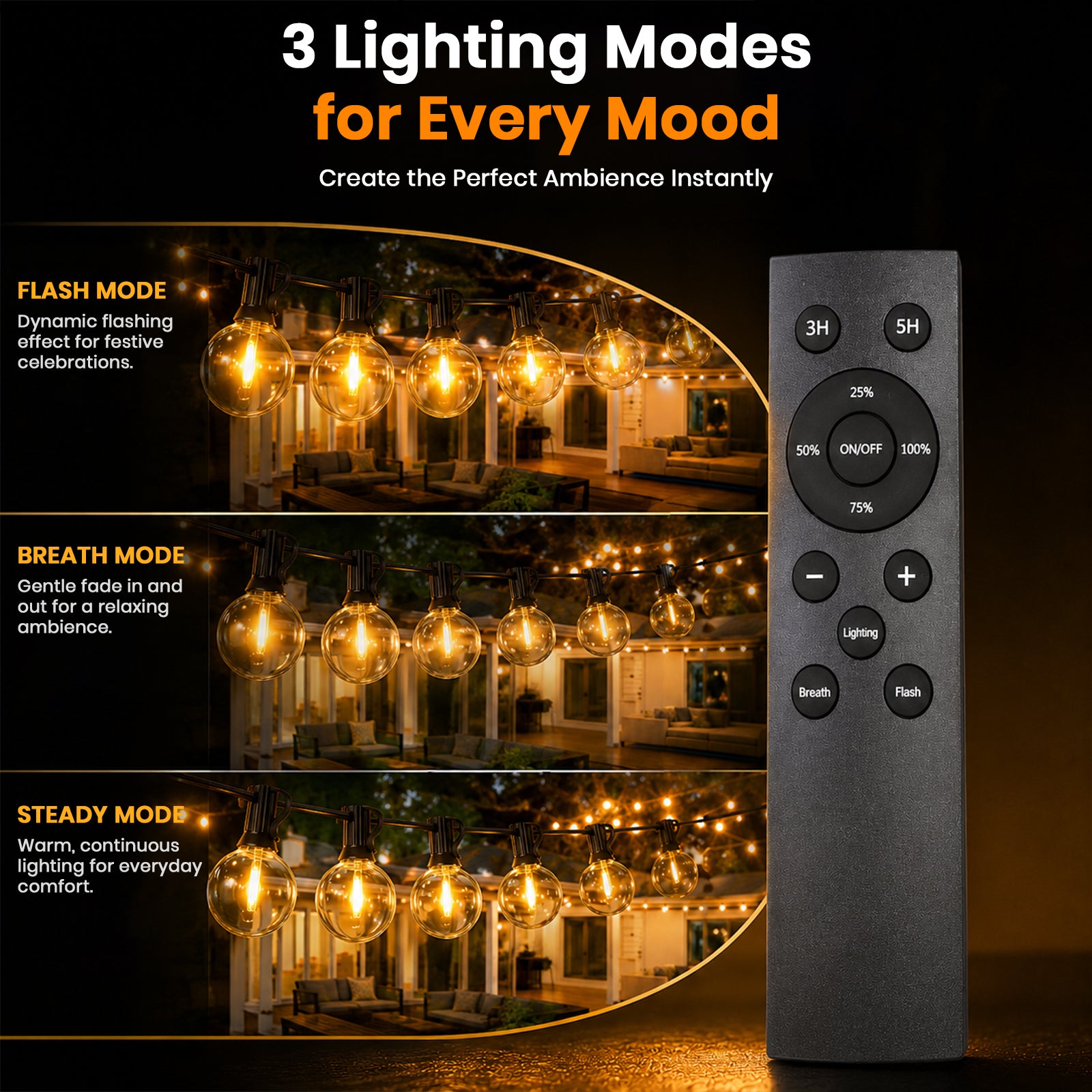 Remote control for dimmable outdoor string lights with three lighting modes: 3H, 5H, and steady, for creating various moods