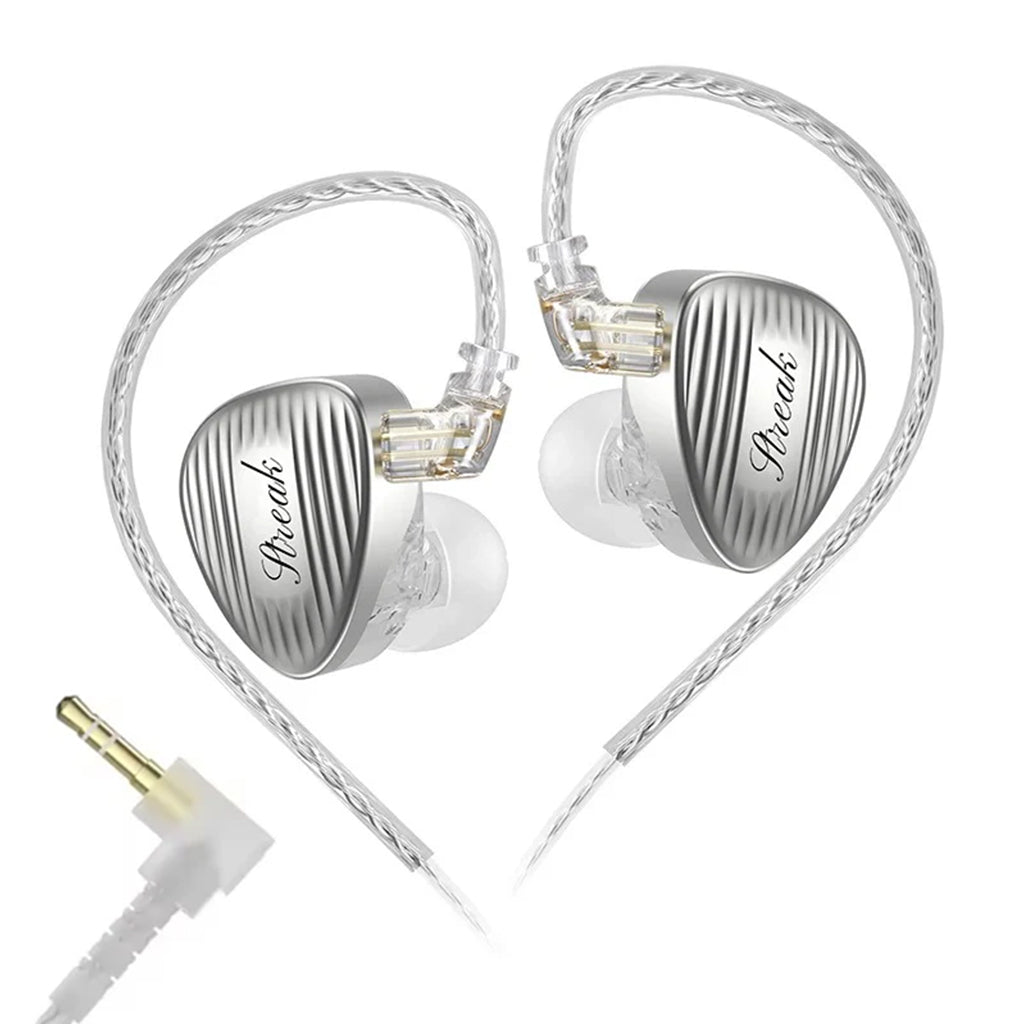 Silver in-ear monitors with clear braided cable and custom logo