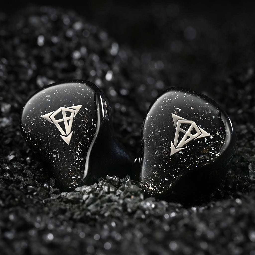 Hisenior Mega7 In-Ear Monitors with 1DD+4Sonion BA+2Knowles BA drivers, shown on black crystal background for premium audio appeal.