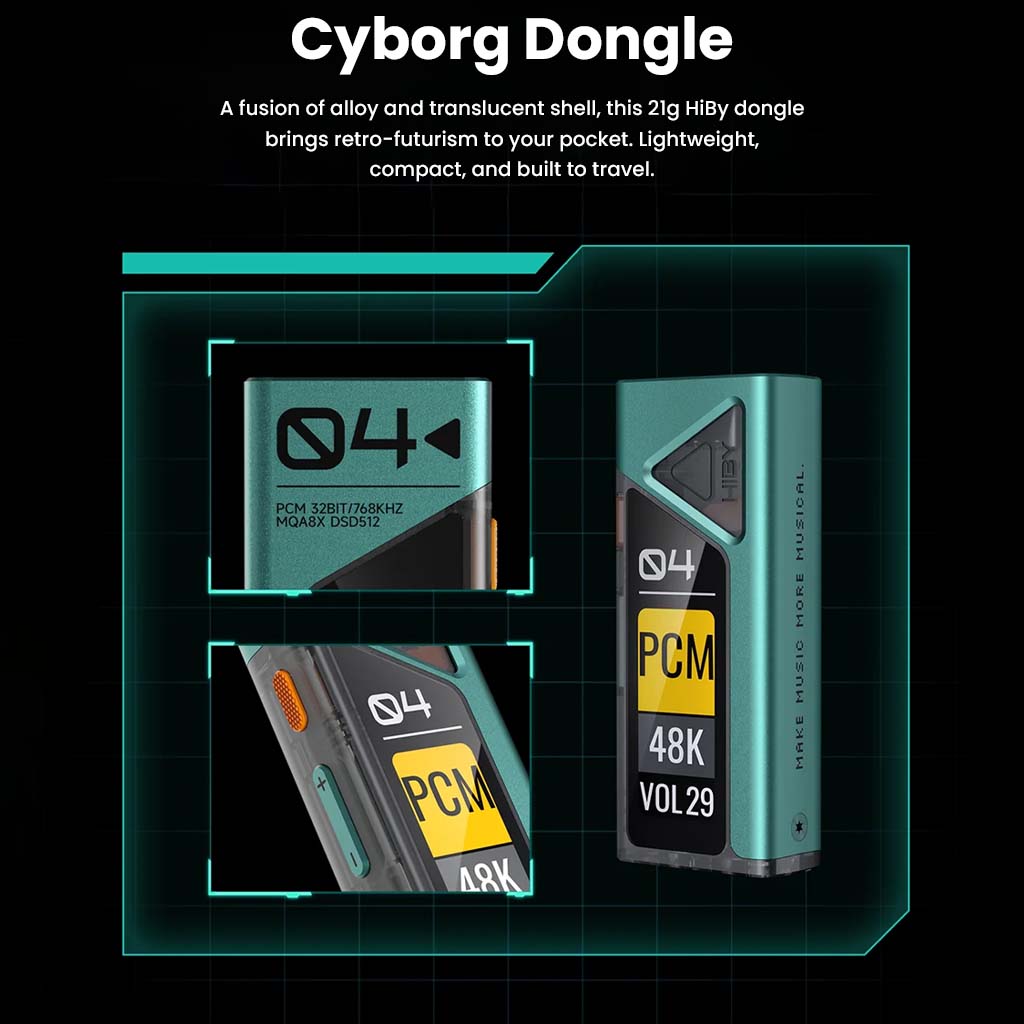 HiBy FC4 Cyborg Dongle design with alloy and translucent shell, showcasing compact build and futuristic aesthetics for portable HiFi audio.