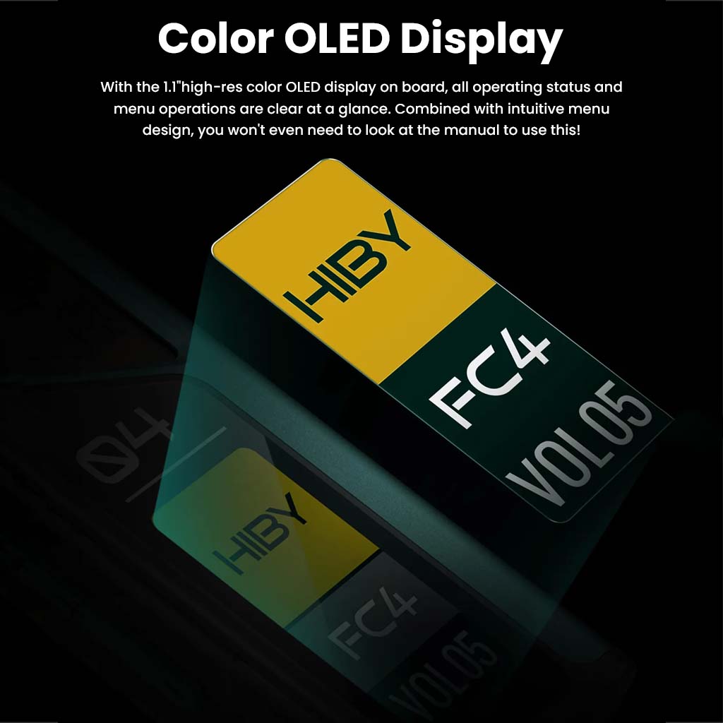 HiBy FC4 OLED display close-up showing PCM 48K and volume level, emphasizing intuitive menu and high-resolution screen for easy operation.
