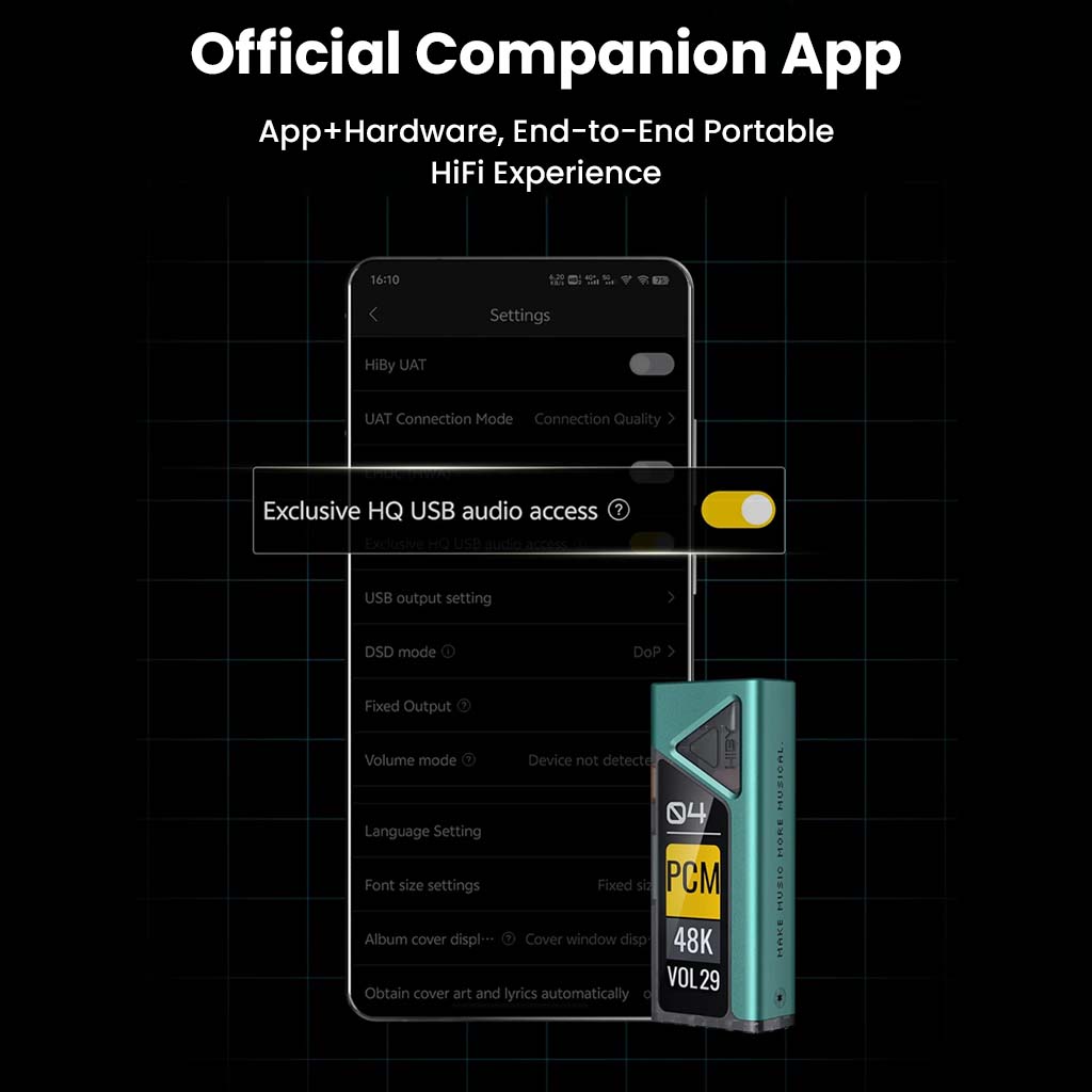 HiBy FC4 DAC with official companion app interface, enabling exclusive HQ USB audio access and full control over portable HiFi settings.
