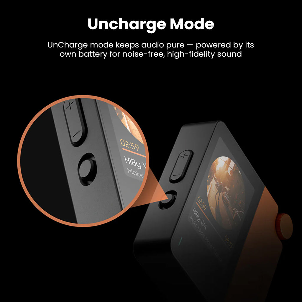 HiBy W4 amplifier featuring Uncharge Mode for noise-free audio powered by internal battery, ensuring pure high-fidelity sound output.