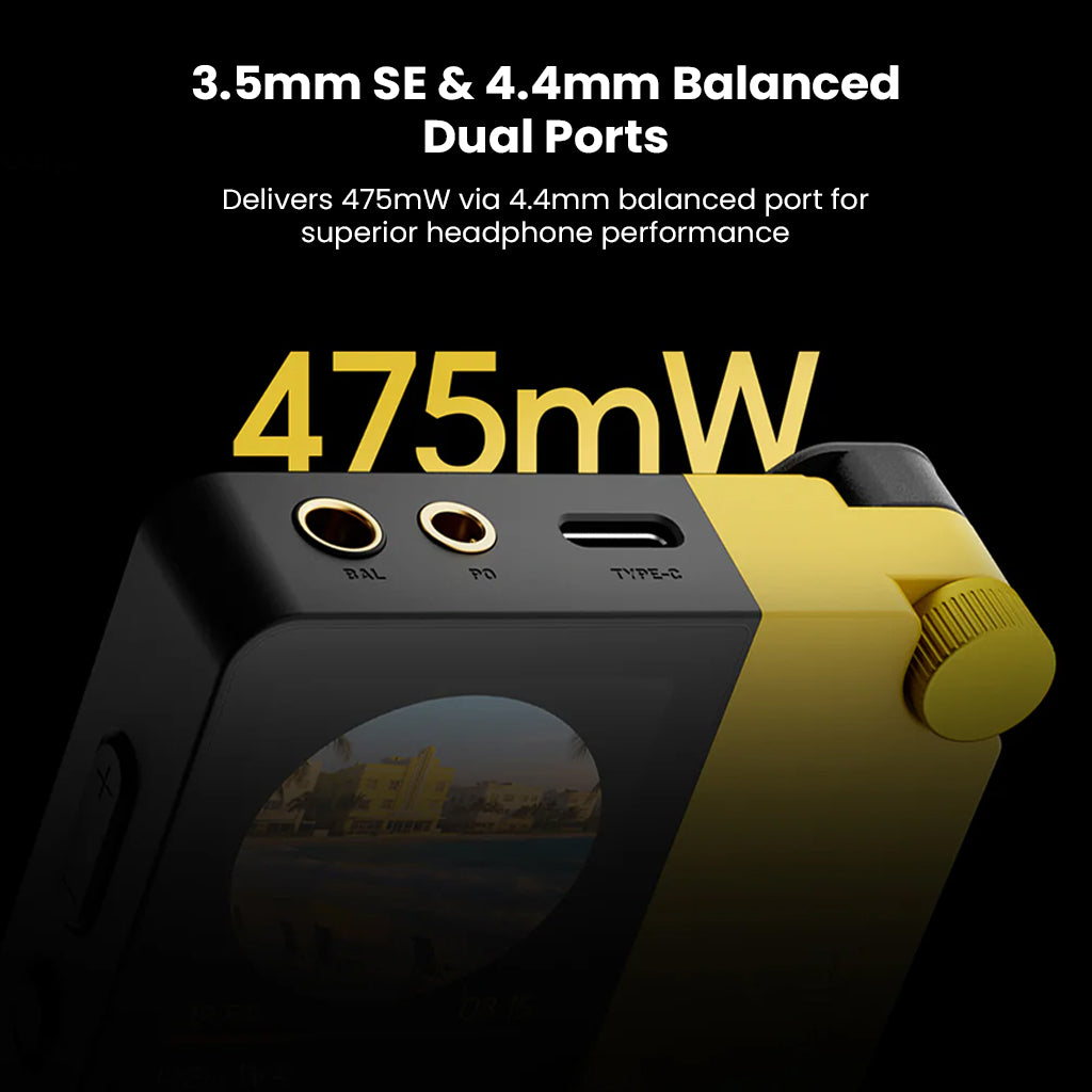 HiBy W4 headphone amplifier delivers 475mW output via 4.4mm balanced port and includes 3.5mm SE port for versatile headphone connectivity.