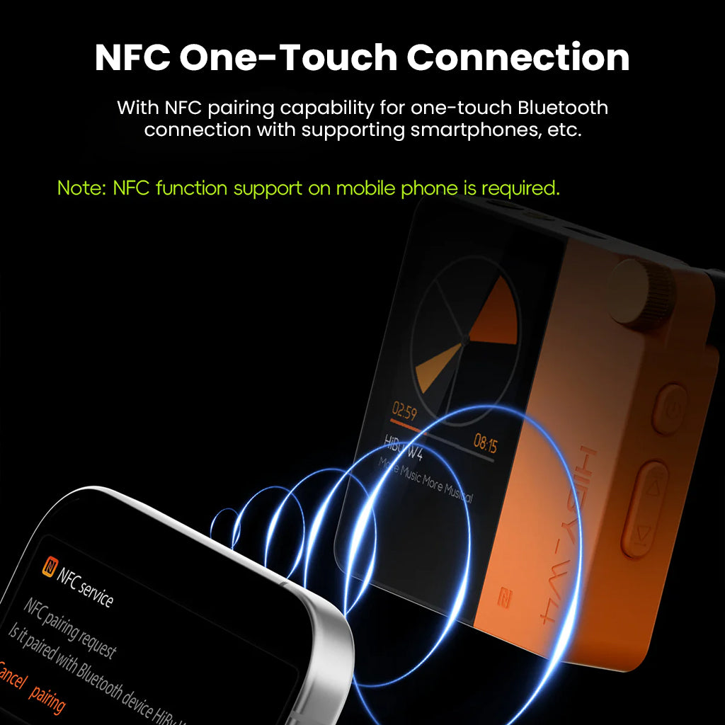HiBy W4 portable headphone amp supports NFC one-touch Bluetooth pairing for fast, seamless connection with compatible smartphones and devices.