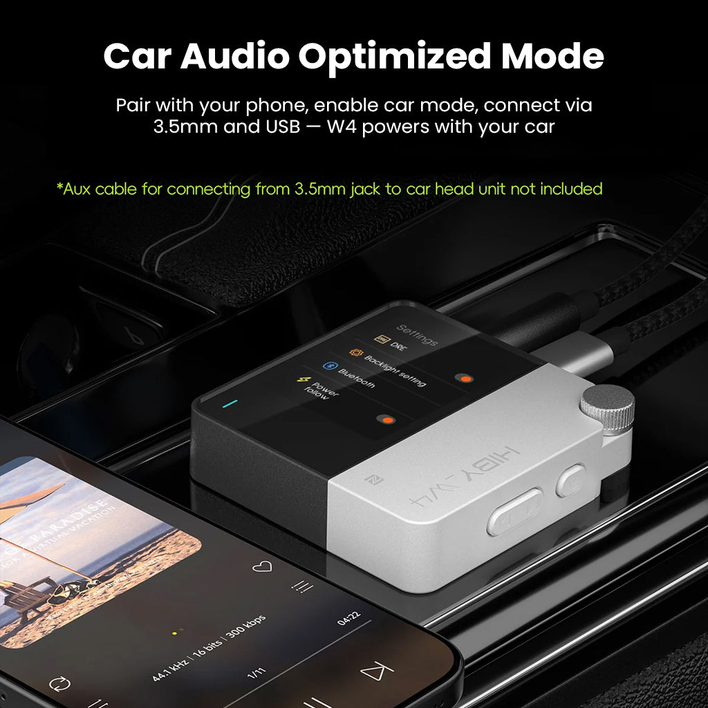 HiBy W4 DAC amp features car audio optimized mode for seamless integration with car systems via 3.5mm and USB connections.