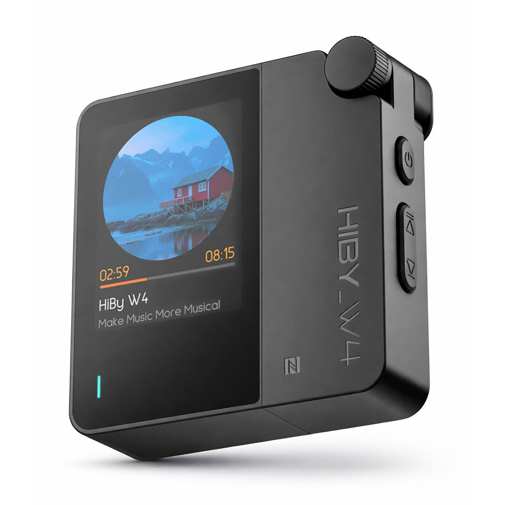 HiBy W4 portable HiFi Bluetooth amplifier in black with 2-inch color touchscreen and side control buttons, ideal for high-resolution audio playback.