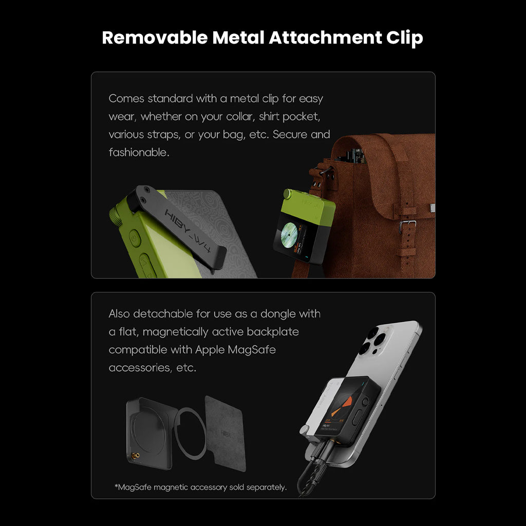 HiBy W4 with detachable metal clip for easy attachment to clothing or bags, compatible with MagSafe accessories for versatile use.