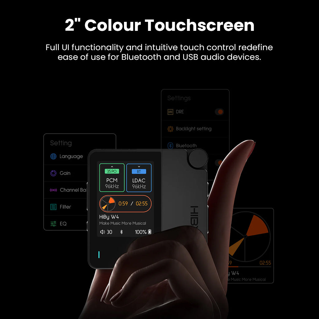 HiBy W4 amplifier with 2-inch color touchscreen offering full UI control for Bluetooth and USB audio, enhancing user interaction.