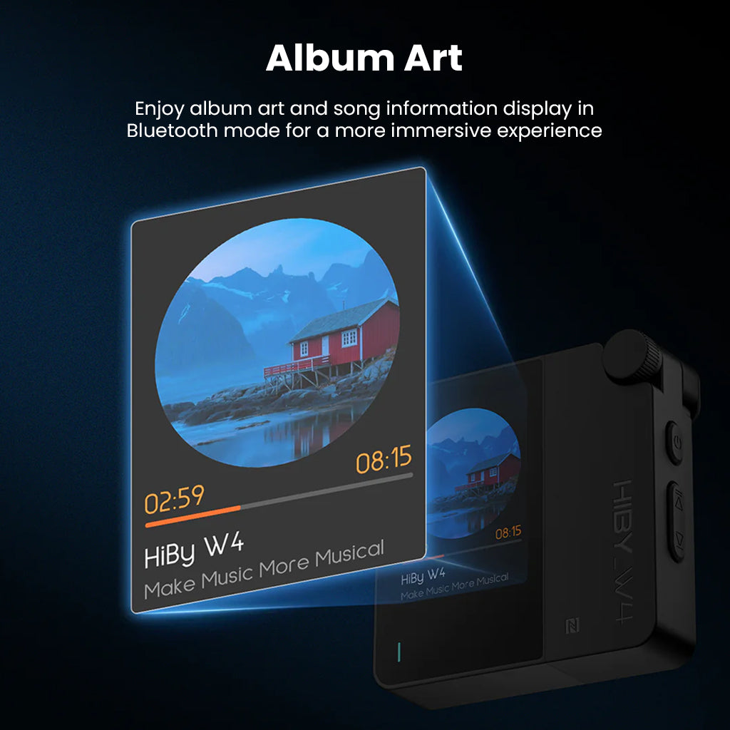 HiBy W4 Bluetooth amplifier displaying album art and track info for immersive music experience in Bluetooth mode with HiFi clarity.