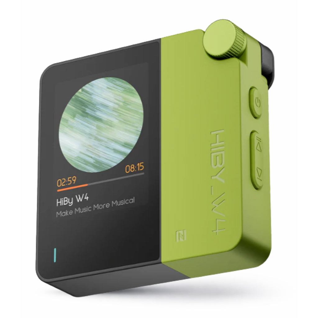 HiBy W4 Bluetooth headphone amp in green with touchscreen and volume dial, ideal for portable HiFi listening with dual DAC support.