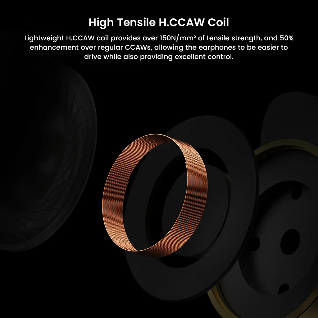 High tensile H.CCAW coil in HiBy Yula earphones offers over 150N/mm² strength, improving drive efficiency and audio control over standard coils.