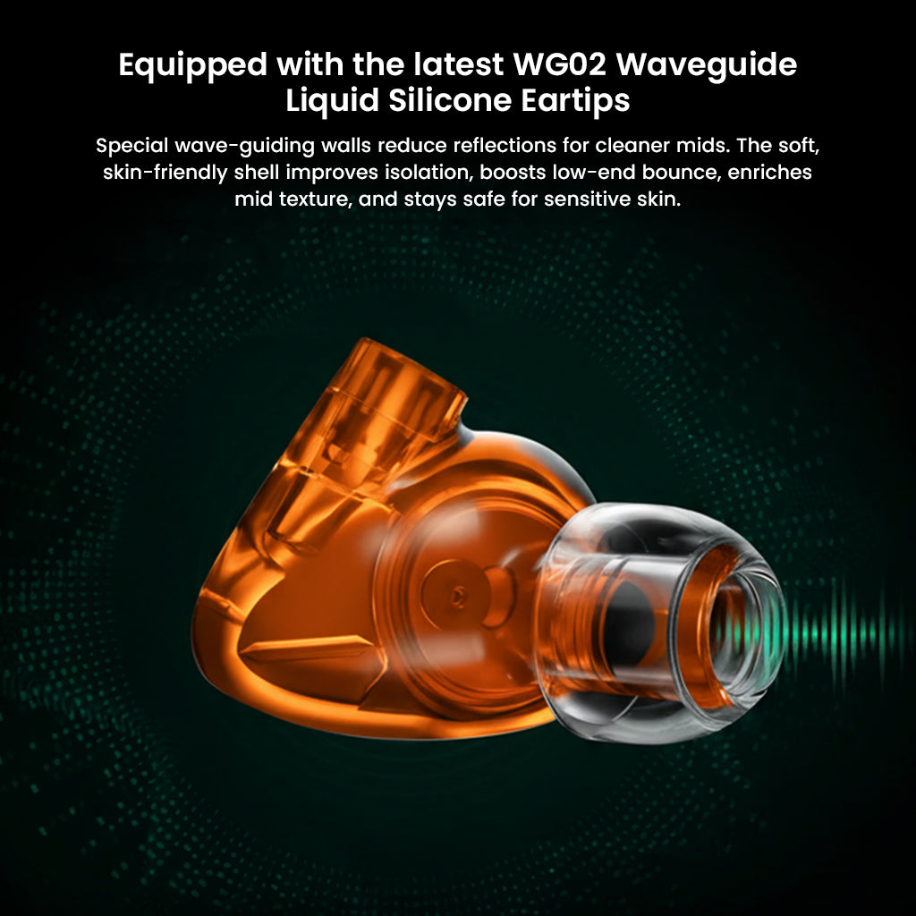 HiBy Yula IEM with WG02 waveguide silicone eartips for enhanced midrange clarity, comfort, and noise isolation in sensitive ears.
