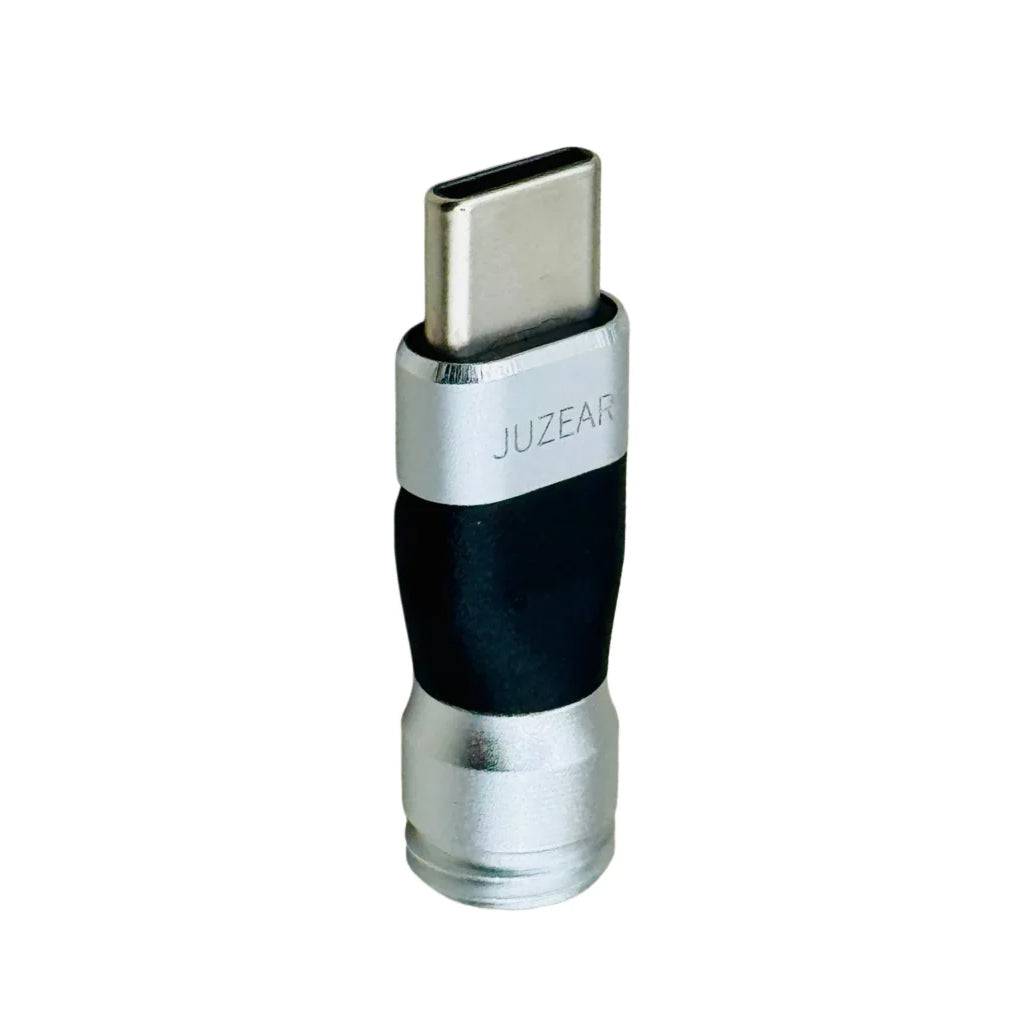 JUZEAR Defiant TYPE-C DAC Adapter for IEM Cables featuring a compact silver and black design, ideal for high-quality audio conversion.