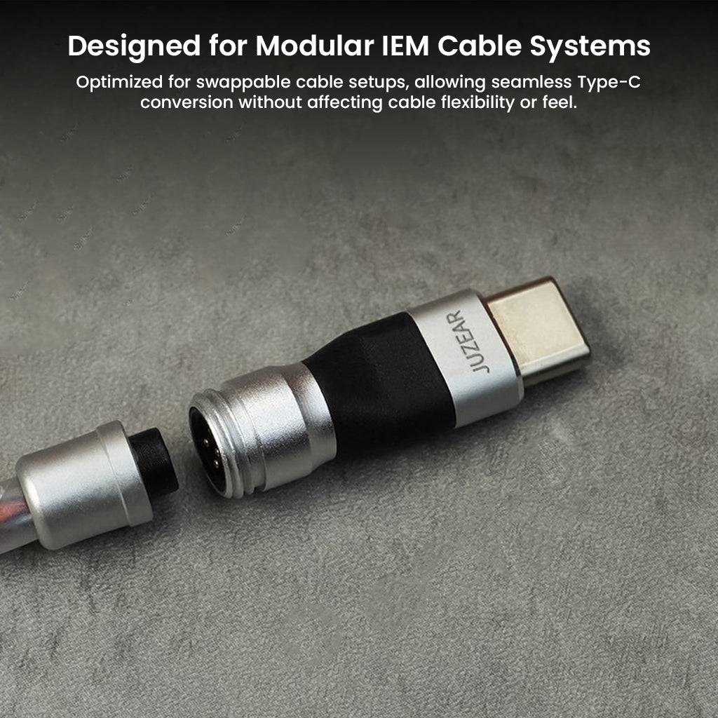 JUZEAR Defiant TYPE-C DAC Adapter shown with modular IEM cable system, supporting seamless swappable cable integration without loss of flexibility.