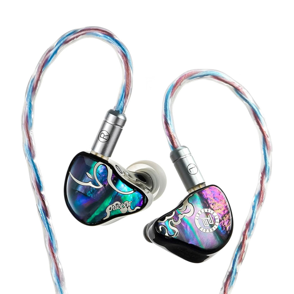 JUZEAR x Z Reviews Defiant 1DD+3BA Hybrid IEMs with rainbow CNC-milled faceplates and braided blue-pink detachable cable for high-fidelity audio.