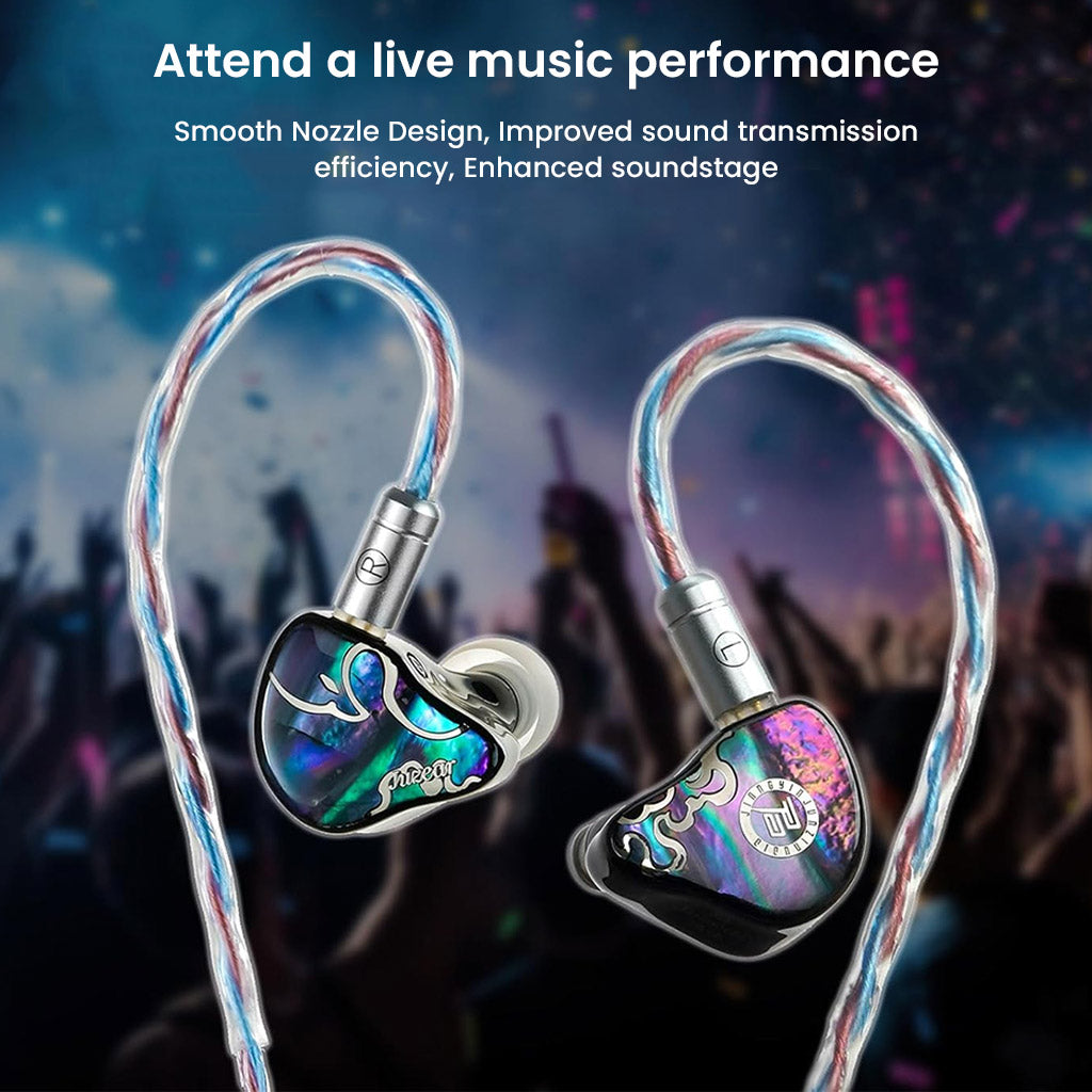 JUZEAR x Z Reviews Defiant 1DD+3BA Hybrid IEMs with rainbow CNC-milled faceplates shown against a concert background, highlighting enhanced soundstage and smooth nozzle design.