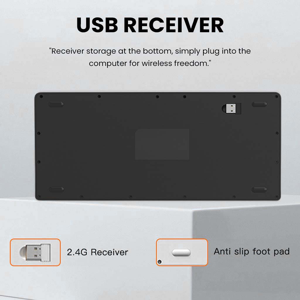 KB2858 Wireless Keyboard bottom view showing USB receiver storage and anti-slip foot pads for stable desktop placement.
