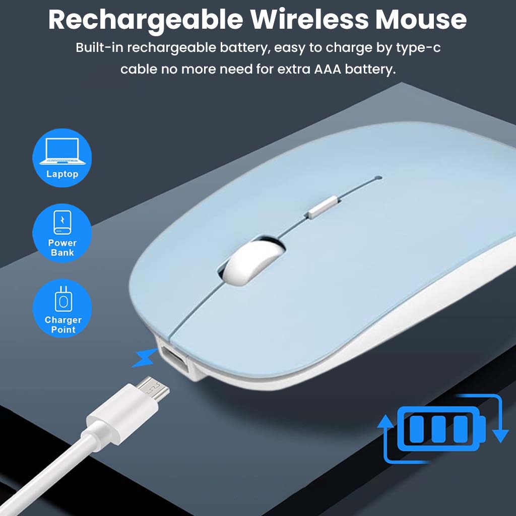 Rechargeable KB2858 Blue Wireless Mouse with Type-C charging, compatible with laptops, power banks, and charging points.